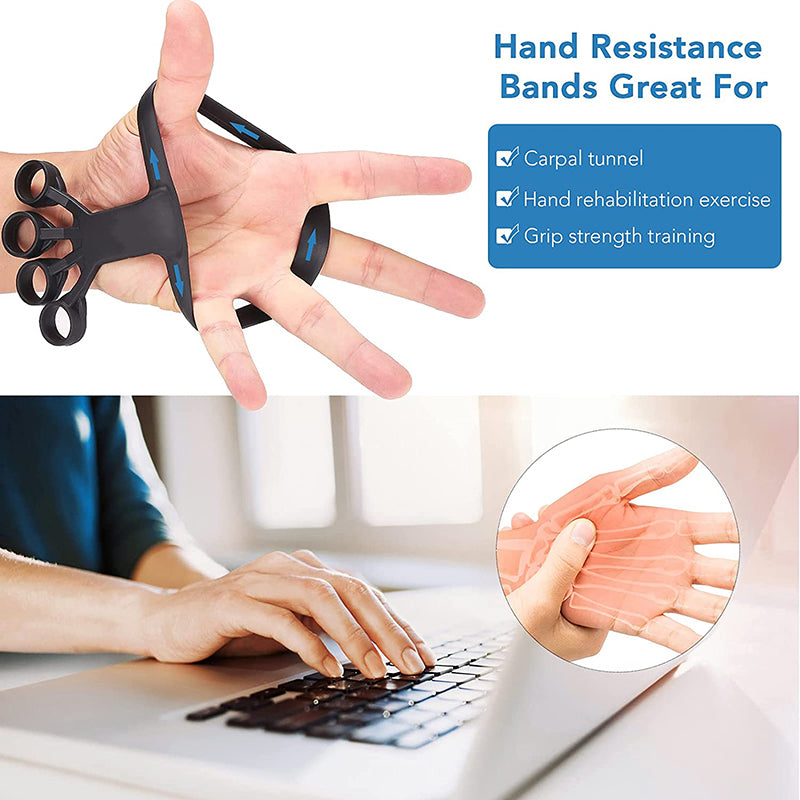 Black silicone finger exercise stretcher on a hand, with text about hand therapy and a person typing on a laptop.