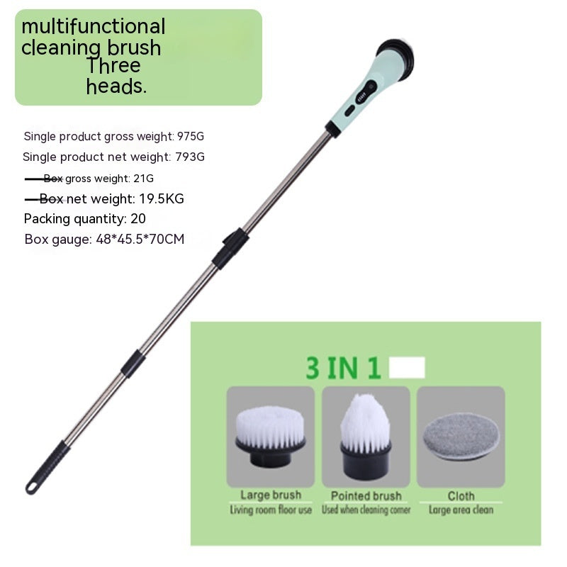 Wireless electric cleaning brush with a long, retractable metal handle and light green handle with three brush heads.