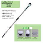 Wireless electric cleaning brush with a long, retractable metal handle and light green handle with three brush heads.