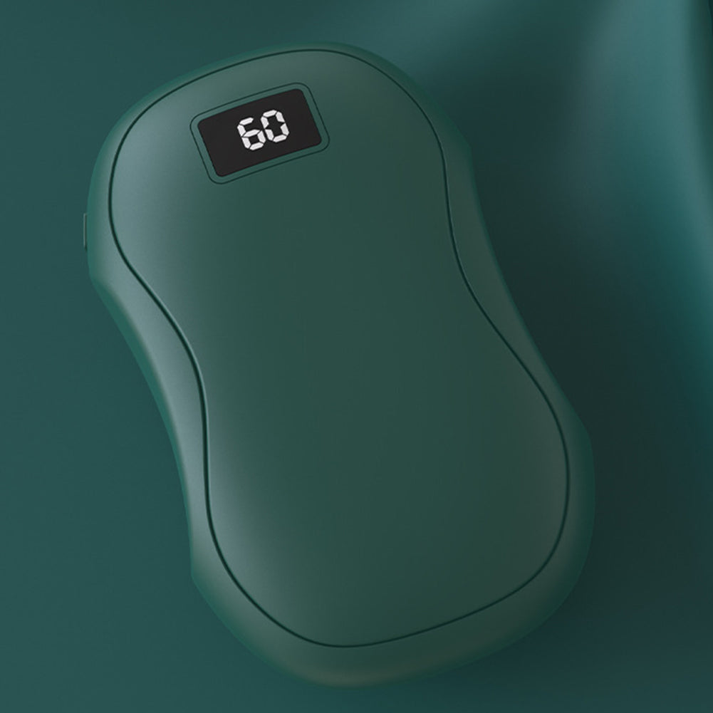 Dark green, ergonomic, rechargeable electric hand warmer with a digital LED display showing "60" on a matching background.