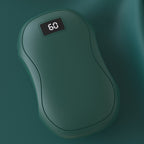 Dark green, ergonomic, rechargeable electric hand warmer with a digital LED display showing "60" on a matching background.