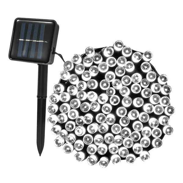 12m of white LED fairy string lights coiled next to a black solar panel with a ground stake.