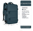 Teal waterproof travel backpack with USB port, shoe compartment, wet pocket, and padded back straps. 42x31x17cm.