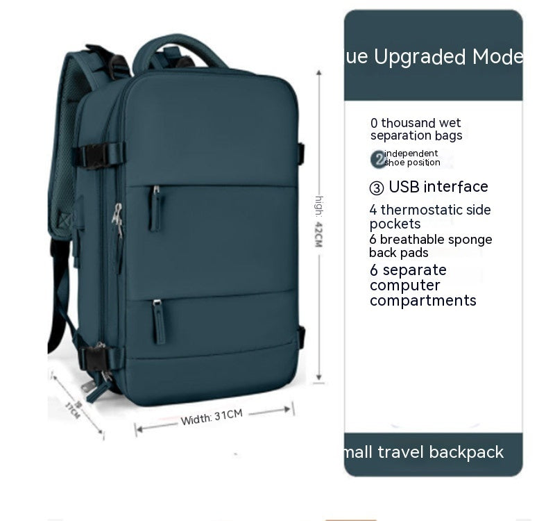 Teal waterproof travel backpack with USB port, shoe compartment, wet pocket, and padded back straps. 42x31x17cm.