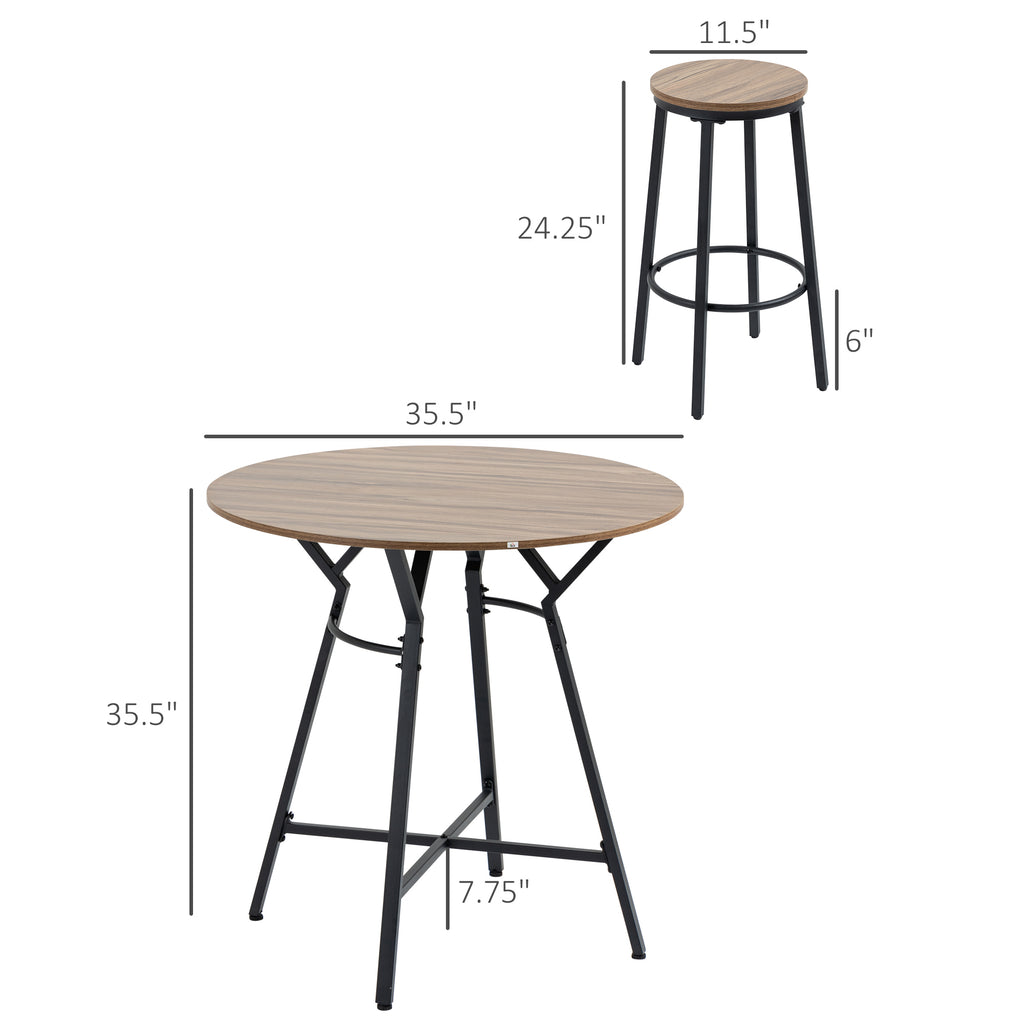 A round wood-grain table and matching stool with black metal frames and dimensions shown on a white background.