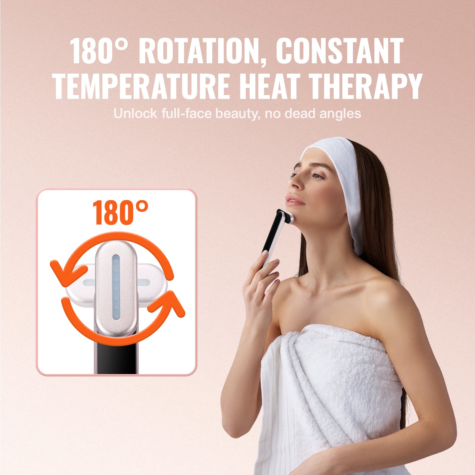 Woman using a black and silver VEVOR LED facial wand with 180-degree rotating head for heat therapy on her jawline.