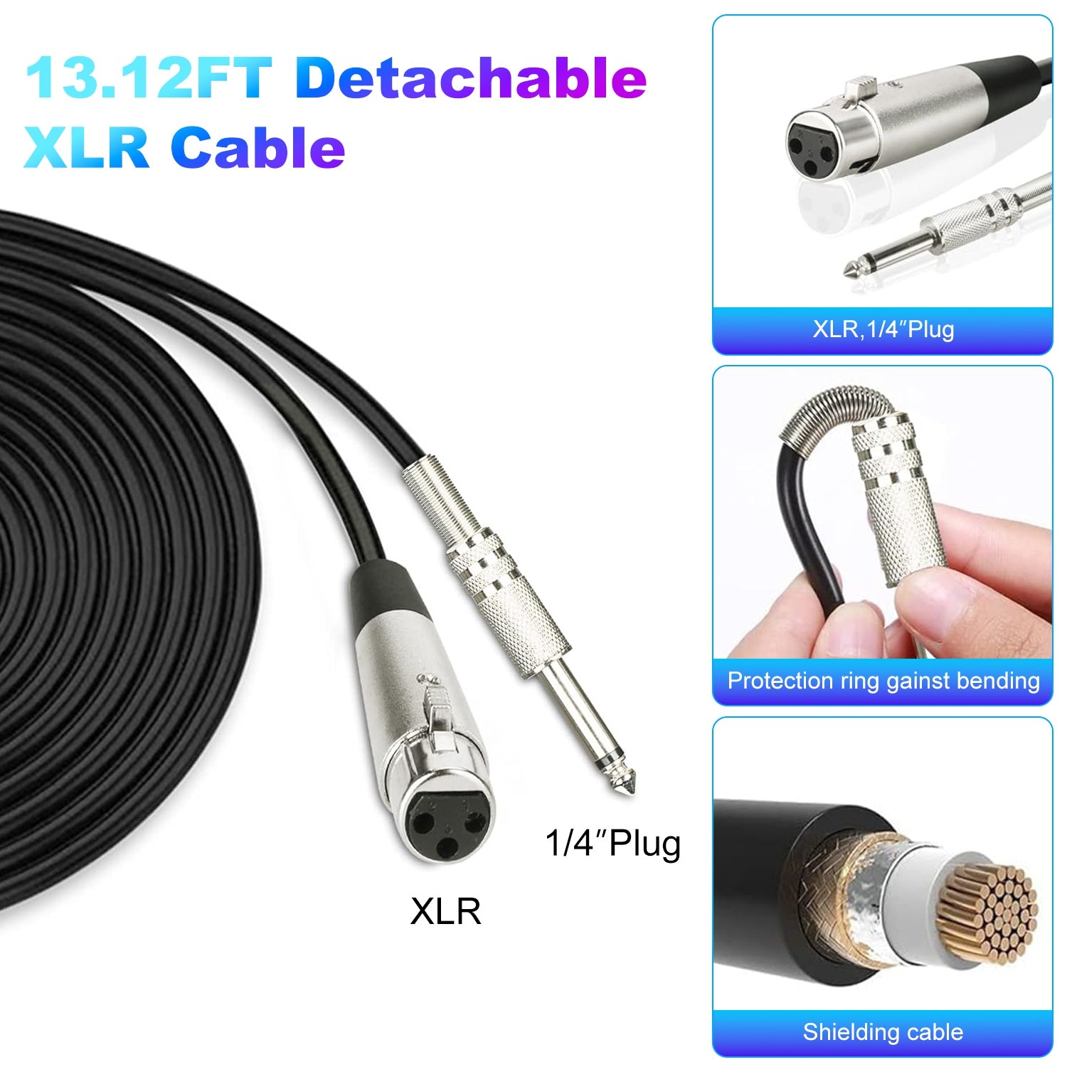 Black 13ft XLR to 1/4" microphone cable featuring a protective anti-bend spring and multi-layered internal shielding.
