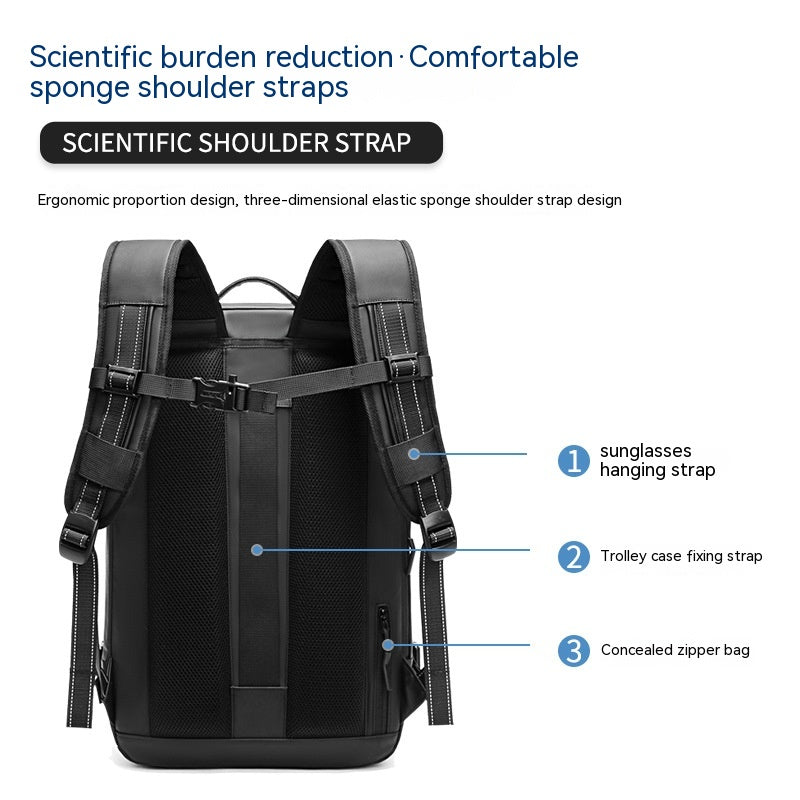 Black minimalist travel backpack showing padded sponge straps, sunglasses loop, luggage strap, and concealed pocket.