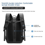 Black minimalist travel backpack showing padded sponge straps, sunglasses loop, luggage strap, and concealed pocket.