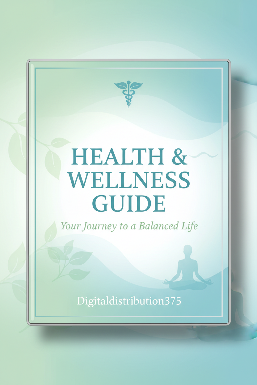 Digitaldistribution375 Health & Wellness Guide eBook cover featuring a medical symbol, yoga silhouette, and blue gradient.