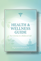 Digitaldistribution375 Health & Wellness Guide eBook cover featuring a medical symbol, yoga silhouette, and blue gradient.