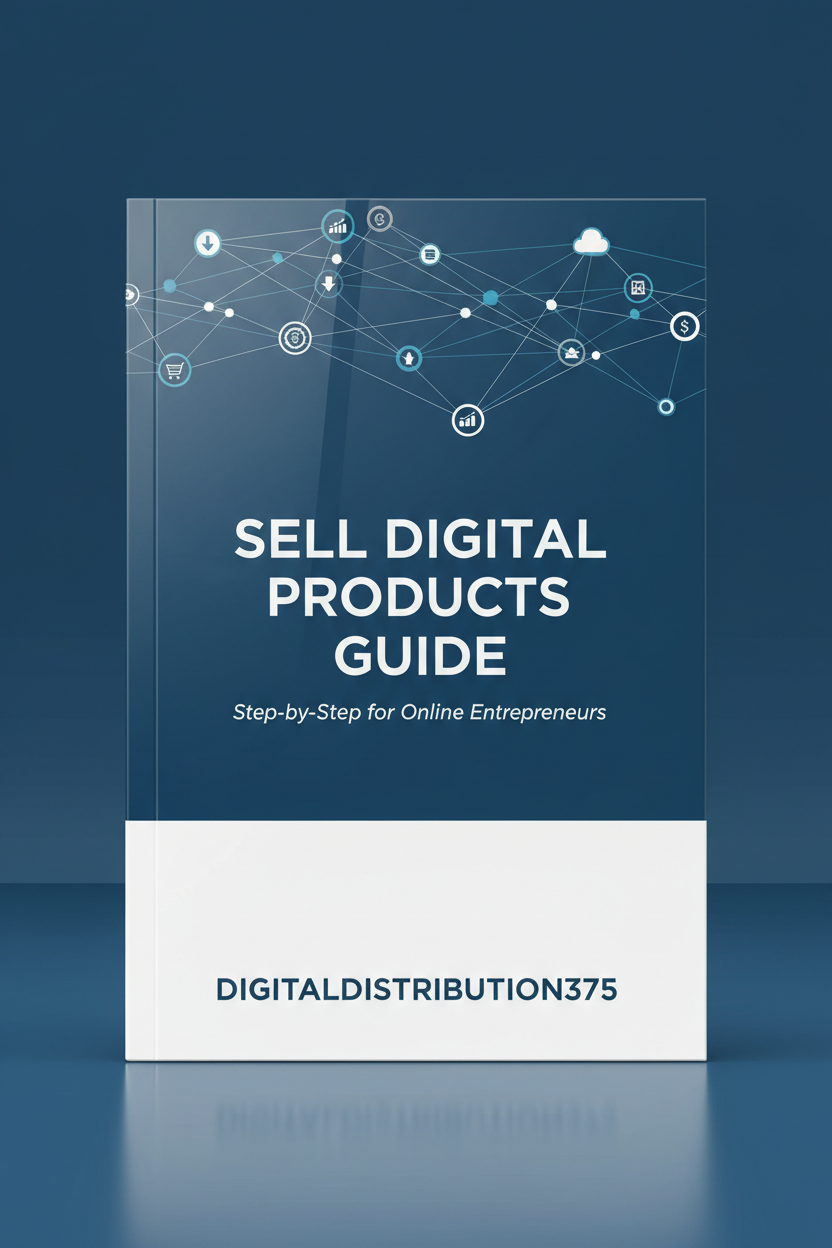 "Sell Digital Products Guide" book cover by Digitaldistribution375, blue background with tech network icons.