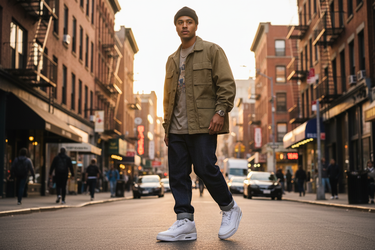 Man wearing Air Jordan 3 Retro on city street