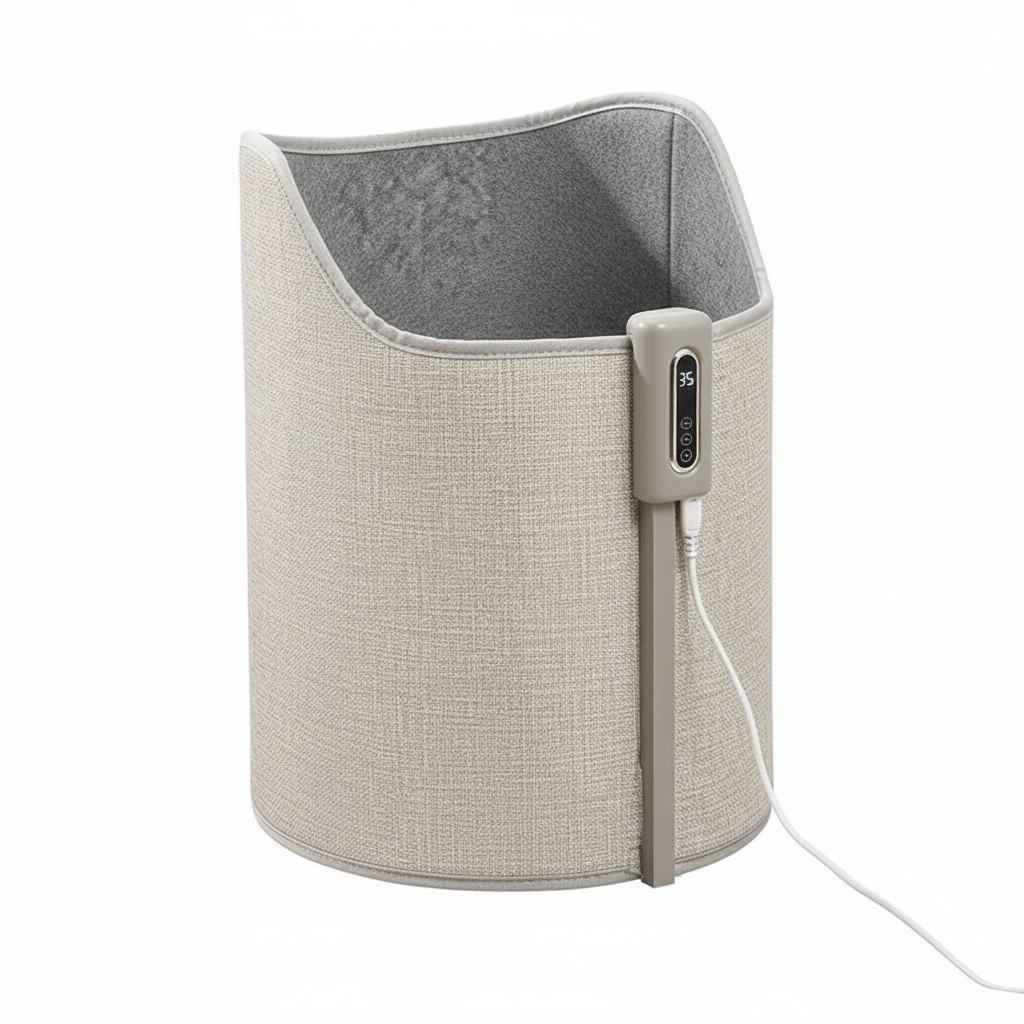 Clean white background product shot of gray fabric under-desk foot warmer