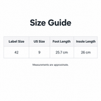 Women’s sneaker size guide: label size 42, US size 9, foot length 25.7 cm, insole length 26 cm