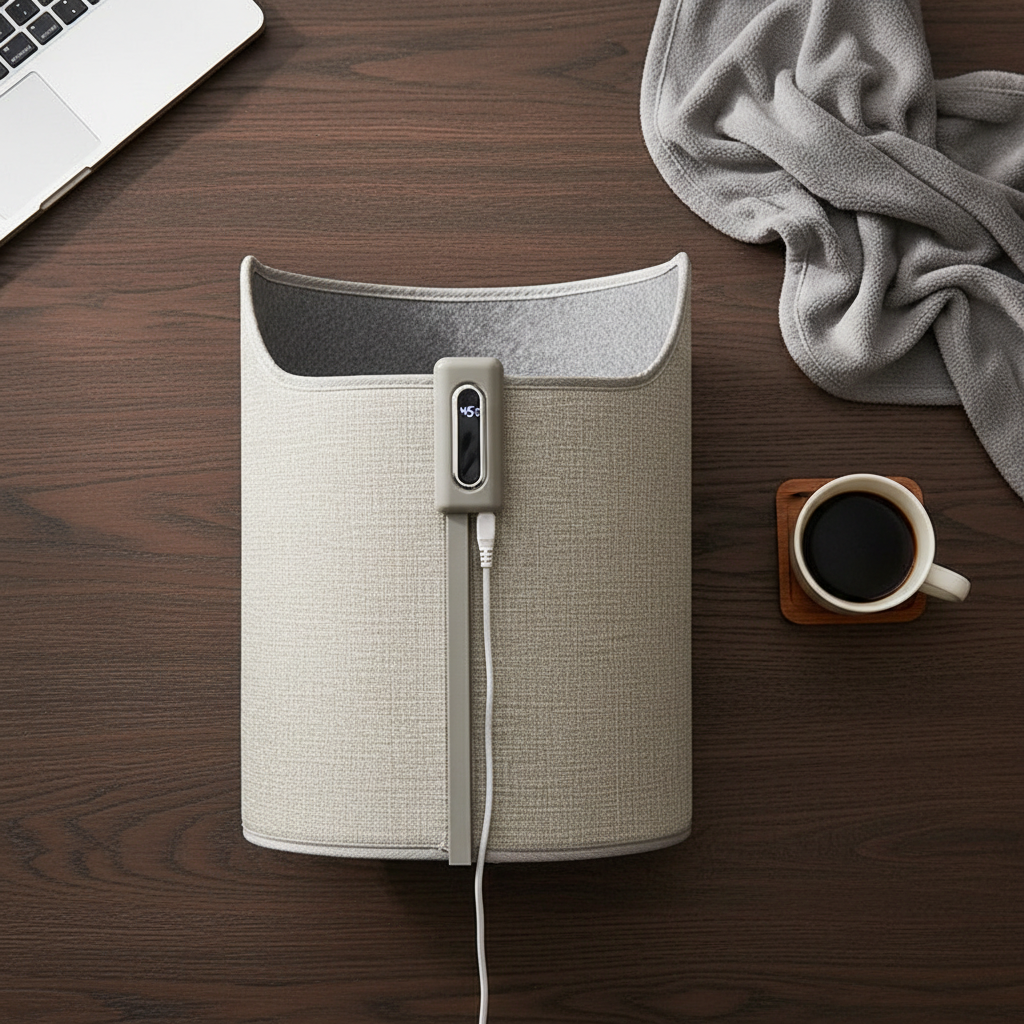 Flat lay of foot warmer with cozy accessories