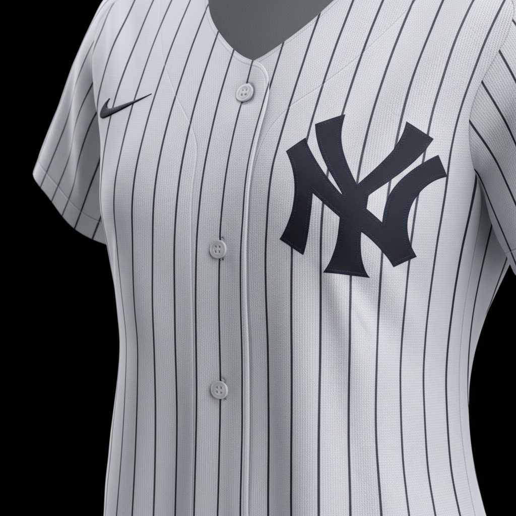 Close-up of Nike Dri-FIT ADV fabric and Yankees logo - no sleeve number