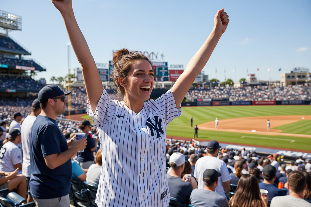 Woman wearing Yankees jersey at baseball stadium