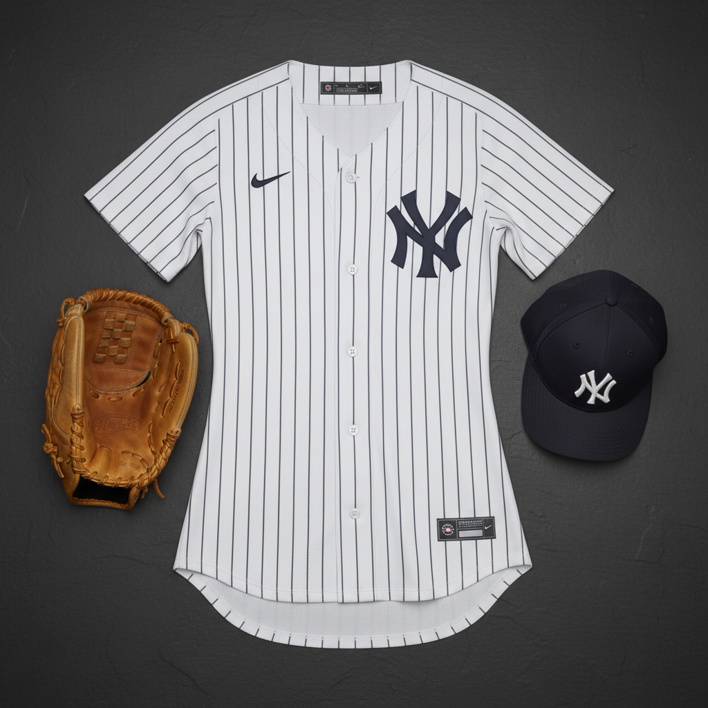 Flat lay of Yankees jersey with cap and baseball glove