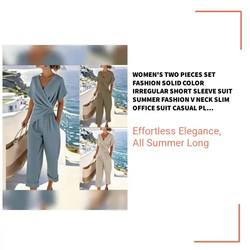 Women's Two Pieces Set Fashion Solid Color Irregular Short Sleeve Suit Summer Fashion V Neck Slim Office Suit Casual Pleated Irregular Top And Pants Female Outfit by@Outfy