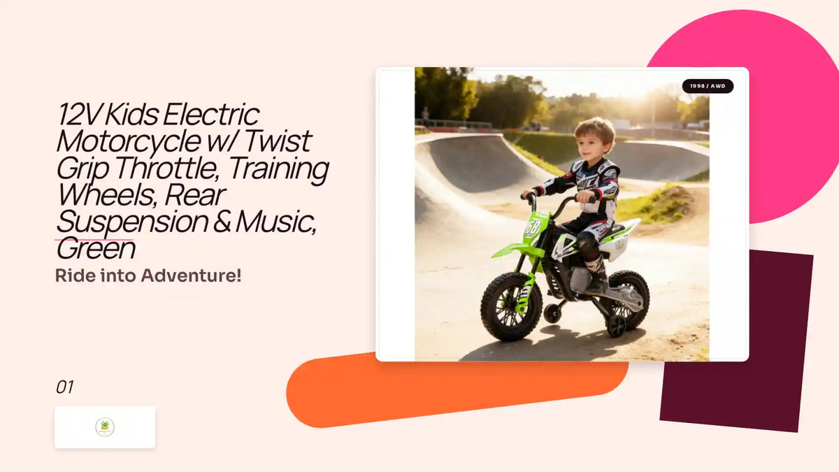 12V Kids Electric Motorcycle w/ Twist Grip Throttle, Training Wheels, Rear Suspension &amp; Music, Green by@Outfy