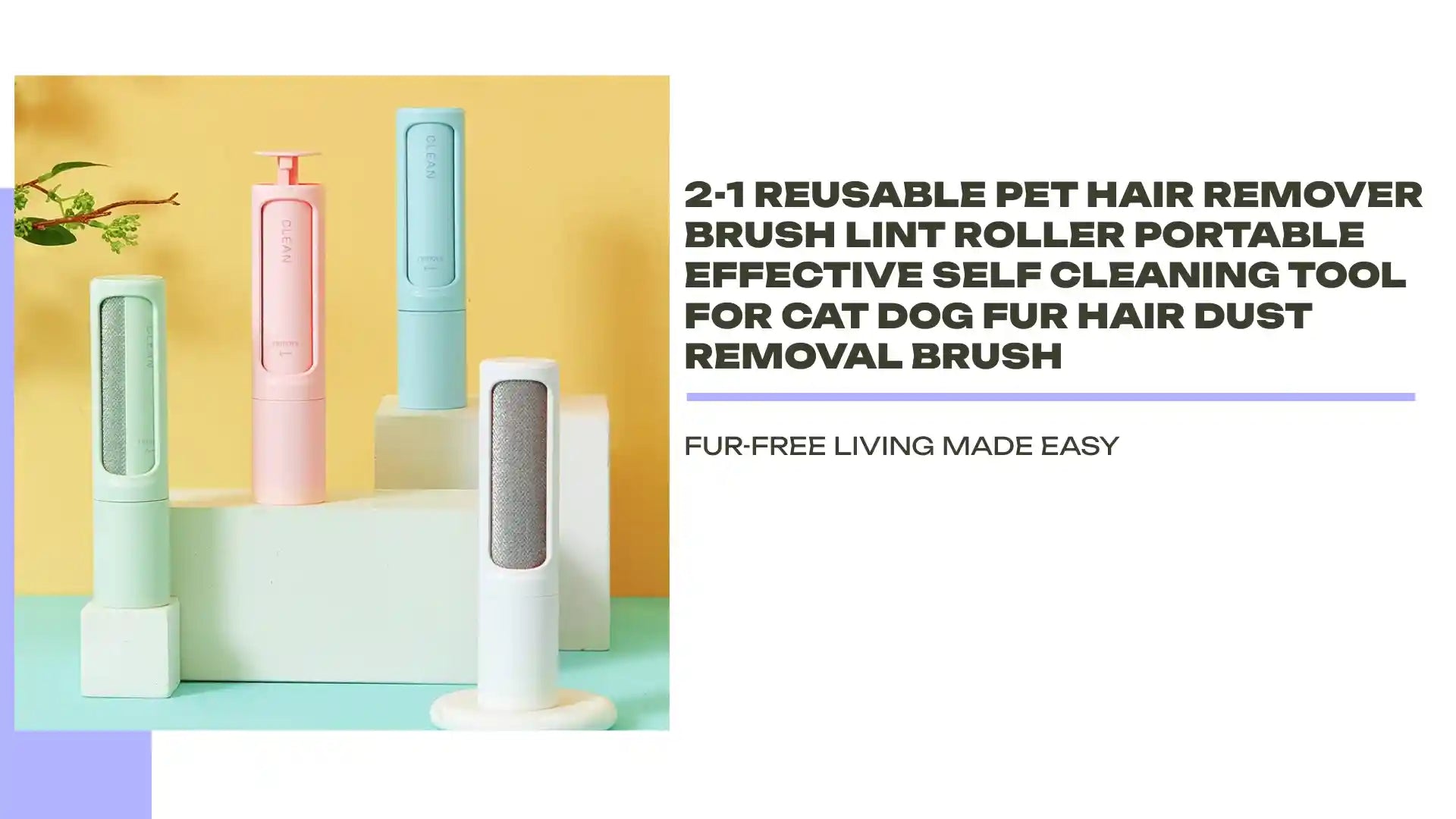 2-1 Reusable Pet Hair Remover Brush Lint Roller Portable Effective Self Cleaning Tool for Cat Dog Fur Hair Dust Removal Brush by@Outfy