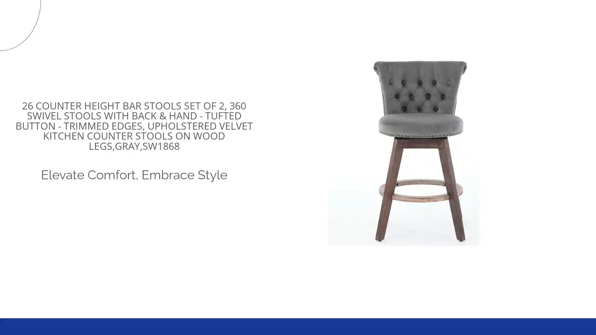 26 Counter Height Bar Stools Set Of 2, 360 Swivel Stools With Back &amp; Hand - Tufted Button - Trimmed Edges, Upholstered Velvet Kitchen Counter Stools On Wood Legs,Gray,SW1868 by@Outfy