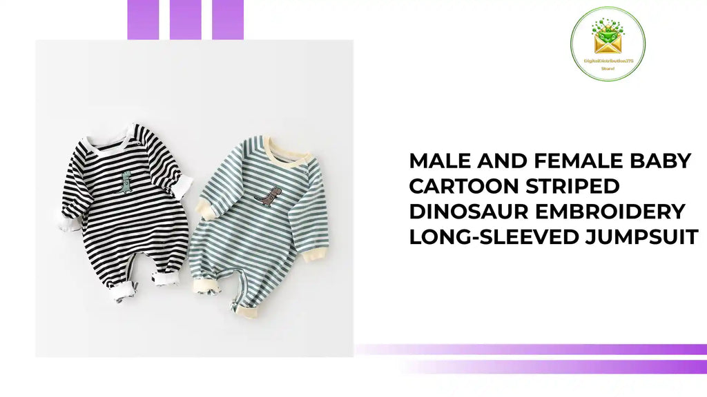 Male And Female Baby Cartoon Striped Dinosaur Embroidery Long-Sleeved Jumpsuit by@Outfy