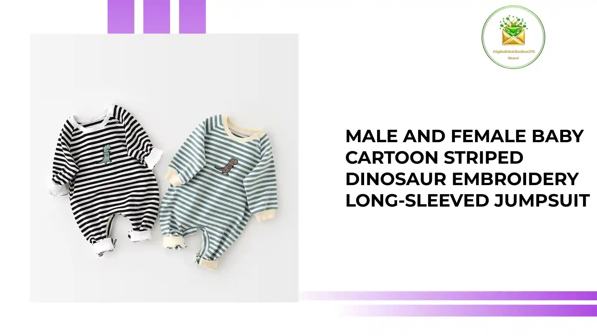 Male And Female Baby Cartoon Striped Dinosaur Embroidery Long-Sleeved Jumpsuit by@Outfy