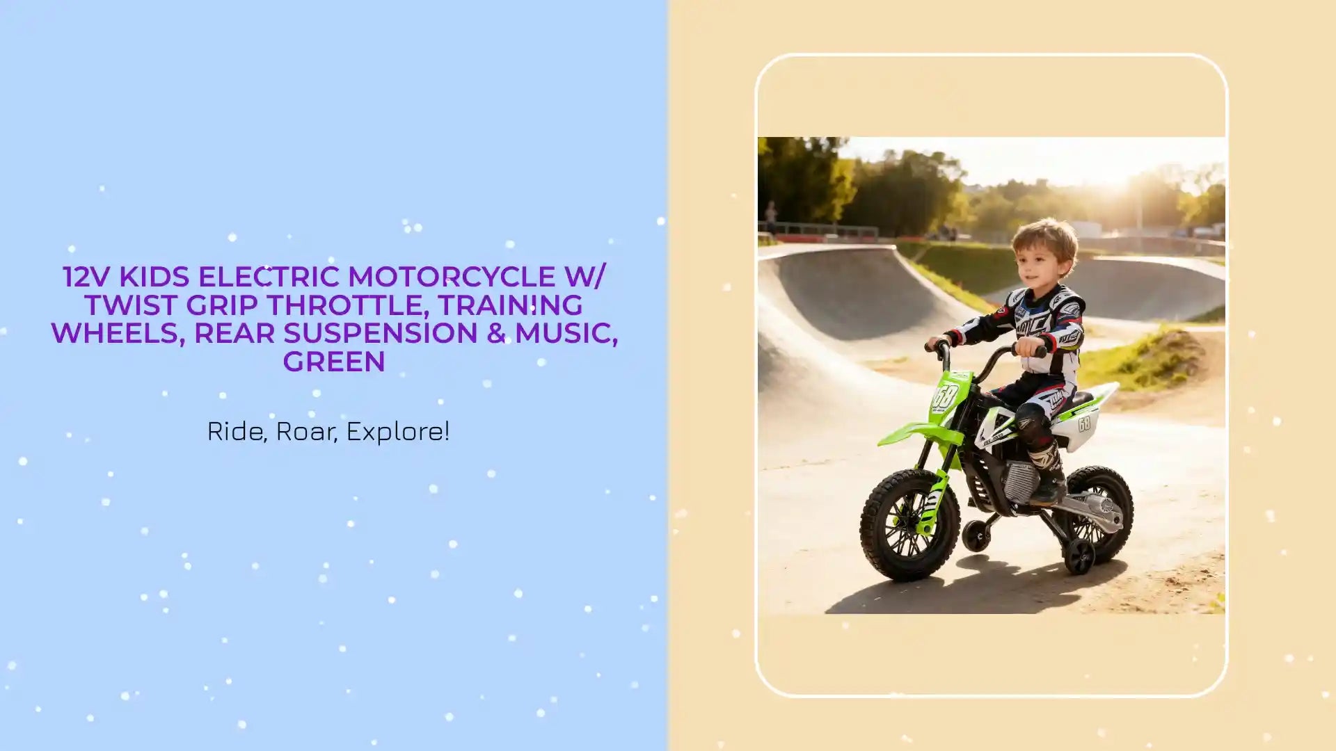 12V Kids Electric Motorcycle w/ Twist Grip Throttle, Training Wheels, Rear Suspension &amp; Music, Green by@Outfy