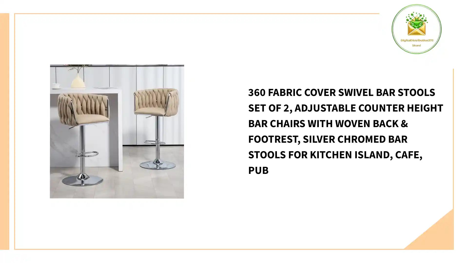 360 Fabric Cover Swivel Bar Stools Set Of 2, Adjustable Counter Height Bar Chairs With Woven Back &amp; Footrest, Silver Chromed Bar Stools For Kitchen Island, Cafe, Pub by@Outfy