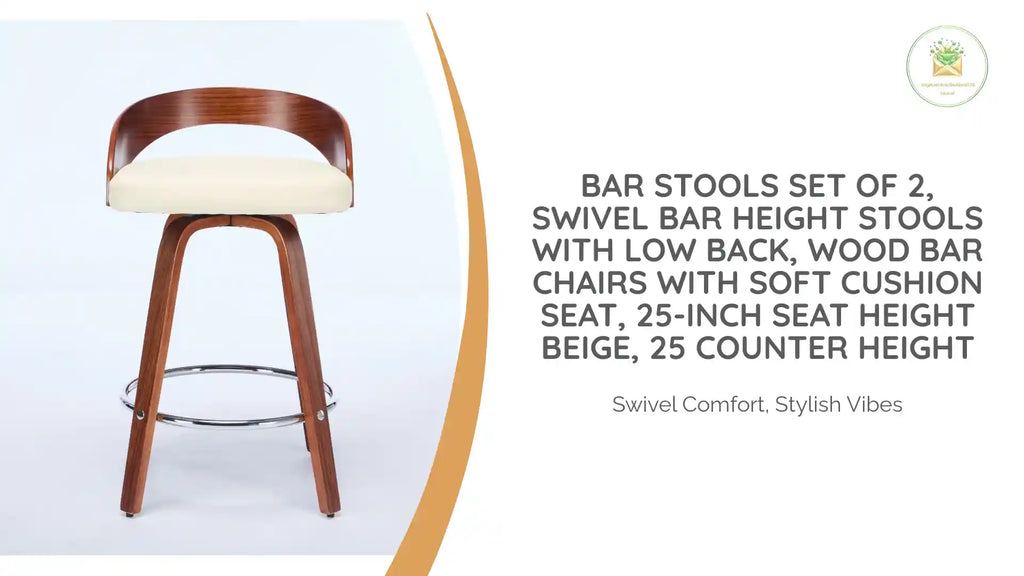 Bar Stools Set Of 2, Swivel Bar Height Stools With Low Back, Wood Bar Chairs With Soft Cushion Seat, 25-Inch Seat Height Beige, 25 Counter Height by@Outfy