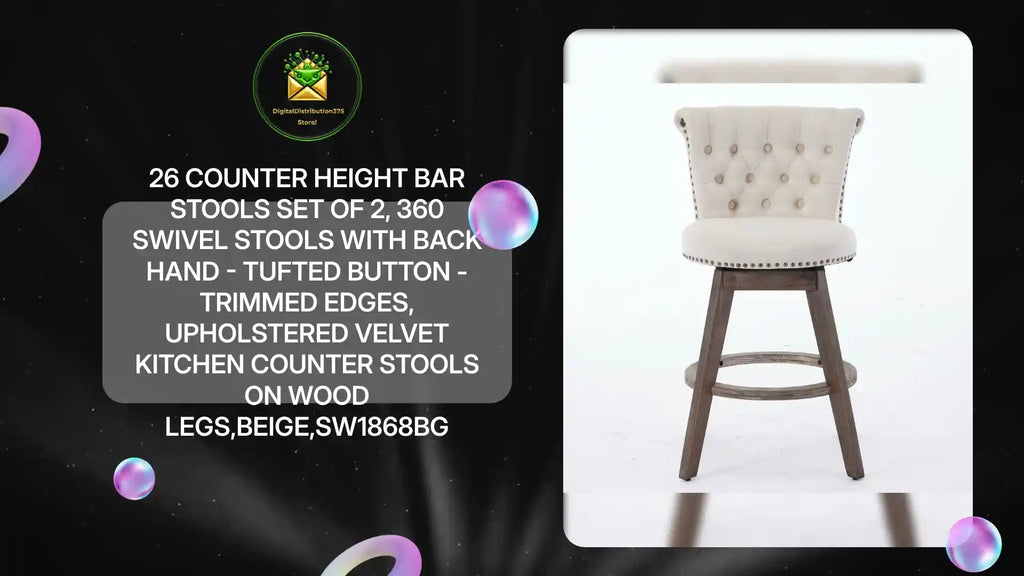 26 Counter Height Bar Stools Set Of 2, 360 Swivel Stools With Back Hand - Tufted Button - Trimmed Edges, Upholstered Velvet Kitchen Counter Stools On Wood Legs,Beige,SW1868BG by@Outfy
