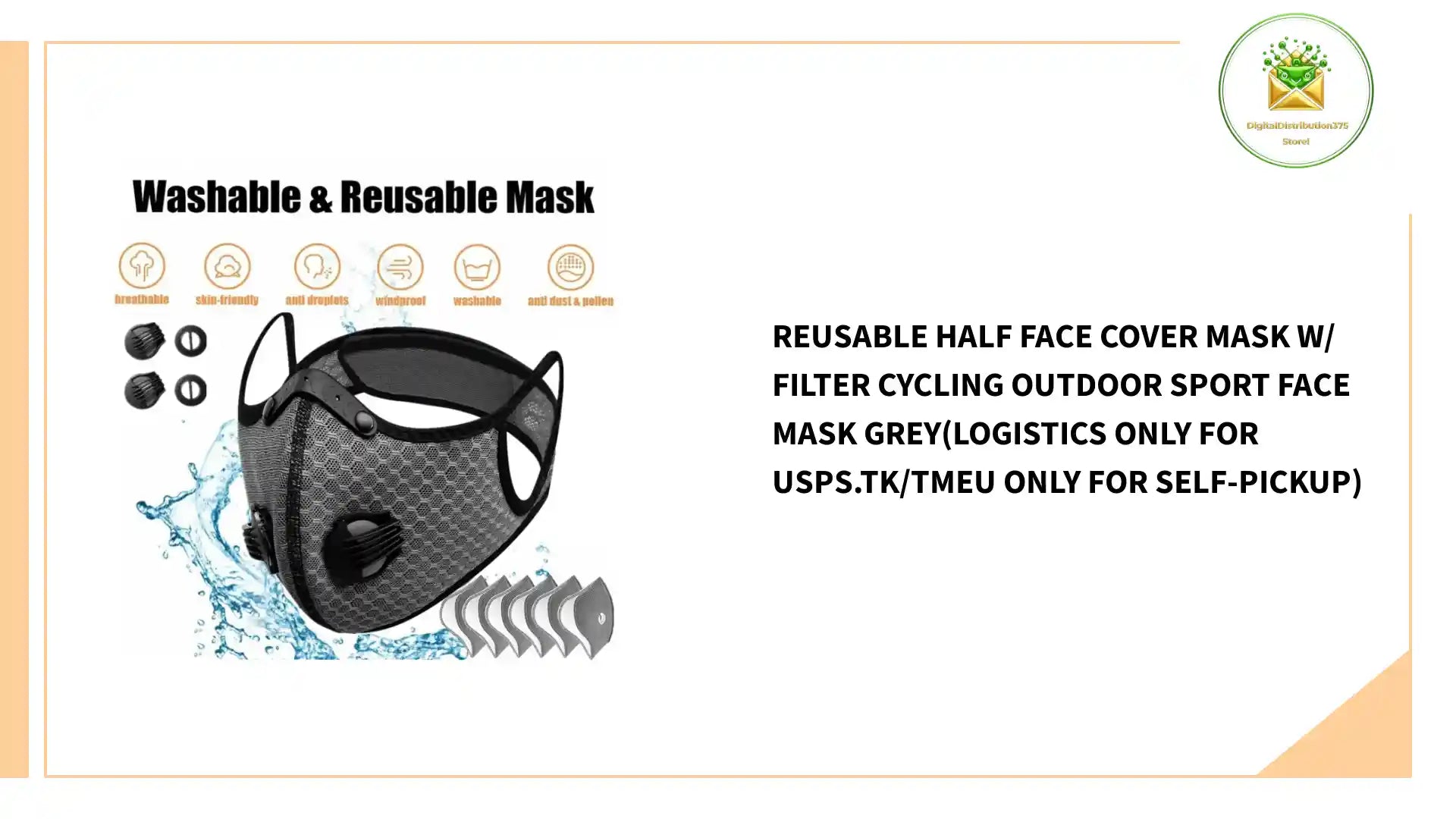 Reusable Half Face Cover Mask W/ Filter Cycling Outdoor Sport Face Mask Grey(Logistics Only For USPS.TK/TMEU Only For Self-pickup) by@Outfy