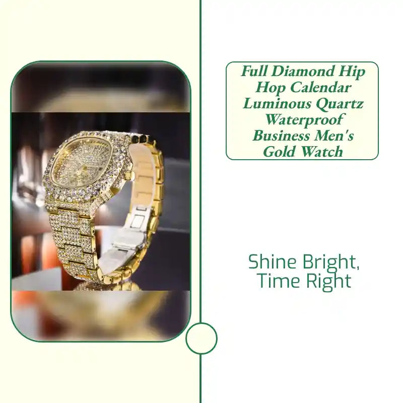 Full Diamond Hip Hop Calendar Luminous Quartz Waterproof Business Men's Gold Watch by@Outfy
