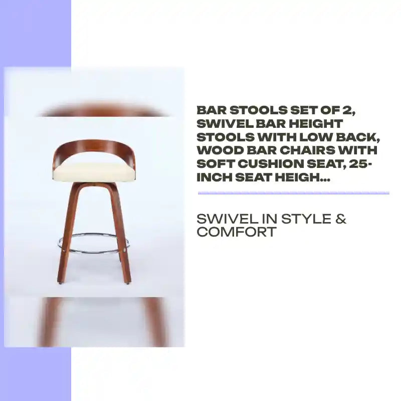 Bar Stools Set Of 2, Swivel Bar Height Stools With Low Back, Wood Bar Chairs With Soft Cushion Seat, 25-Inch Seat Height Beige, 25 Counter Height by@Outfy
