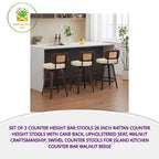 Set Of 3 Counter Height Bar Stools 26 Inch Rattan Counter Height Stools With Cane Back, Upholstered Seat, Walnut Craftsmanship, Swivel Counter Stools For Island Kitchen Counter Bar Walnut Beige by@Outfy