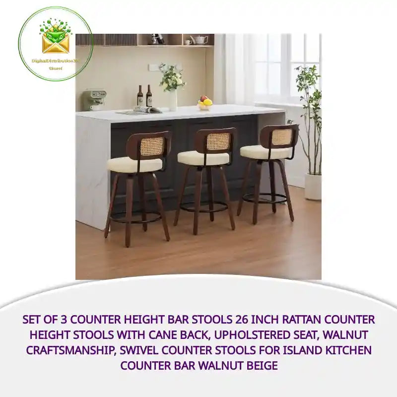 Set Of 3 Counter Height Bar Stools 26 Inch Rattan Counter Height Stools With Cane Back, Upholstered Seat, Walnut Craftsmanship, Swivel Counter Stools For Island Kitchen Counter Bar Walnut Beige by@Outfy