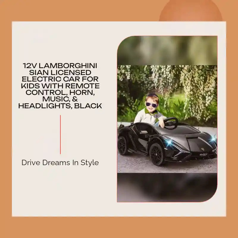 12V Lamborghini SIAN Licensed Electric Car for kids with Remote Control, Horn, Music, &amp; Headlights, Black by@Outfy