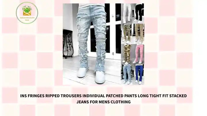 Ins Fringes Ripped Trousers Individual Patched Pants Long Tight Fit Stacked Jeans For Mens Clothing by@Outfy