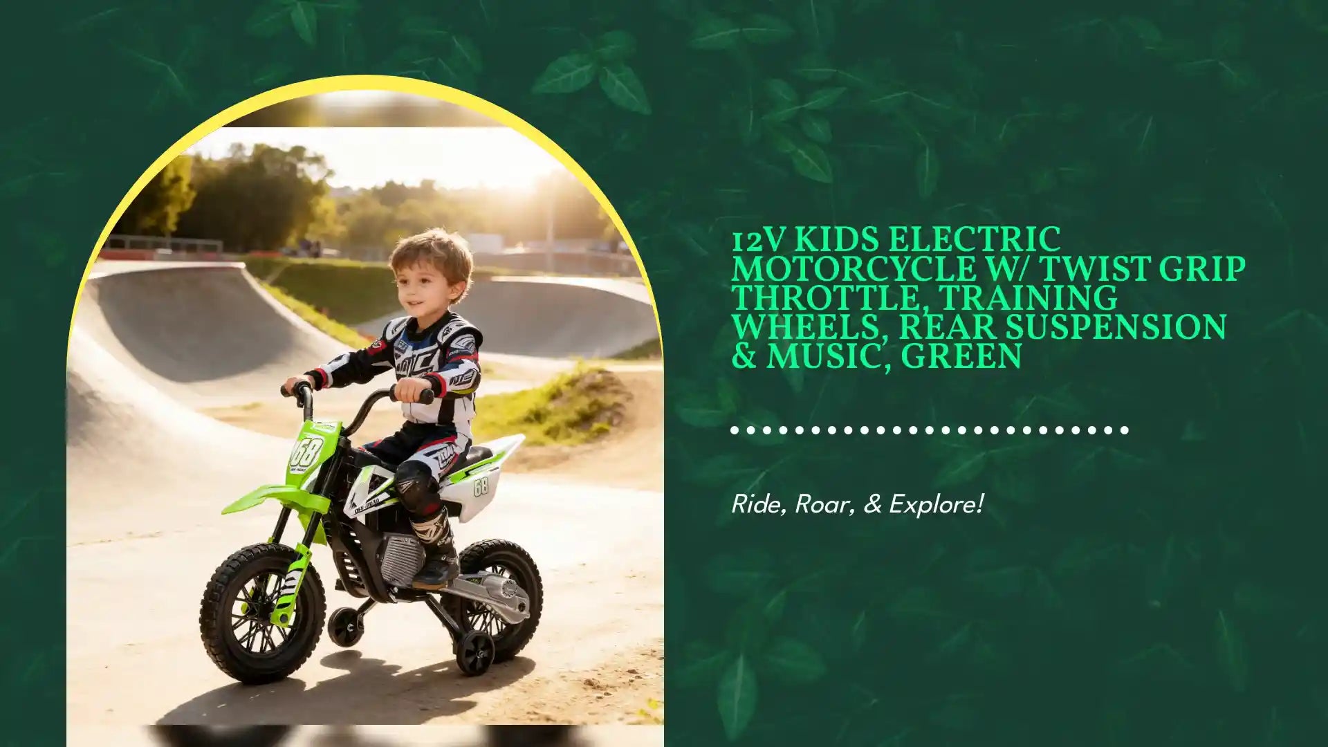 12V Kids Electric Motorcycle w/ Twist Grip Throttle, Training Wheels, Rear Suspension &amp; Music, Green by@Outfy