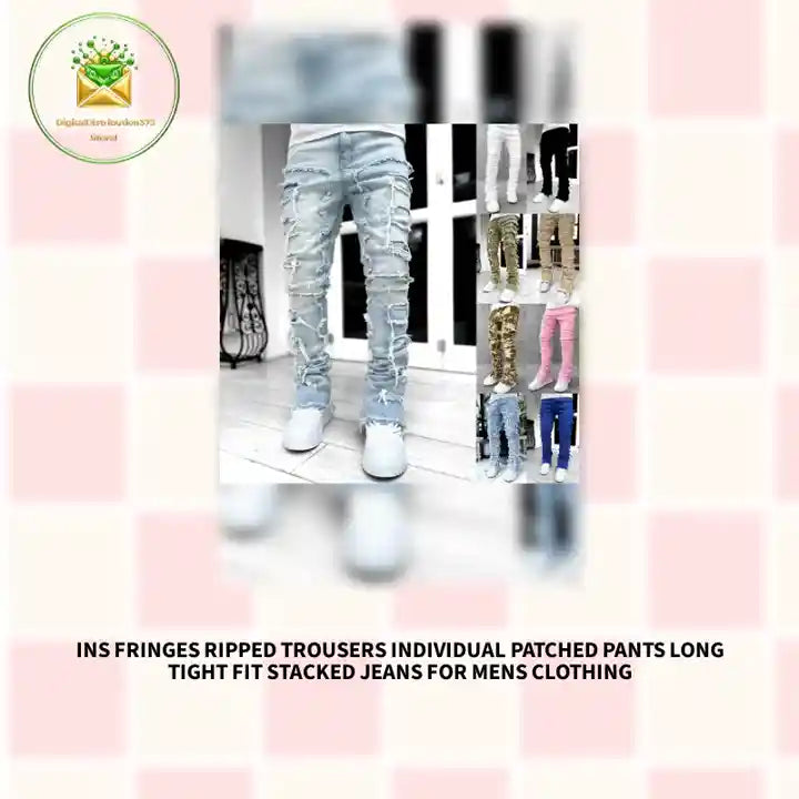 Ins Fringes Ripped Trousers Individual Patched Pants Long Tight Fit Stacked Jeans For Mens Clothing by@Outfy