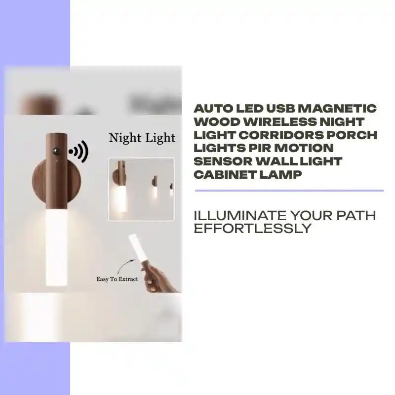 Auto LED USB Magnetic Wood Wireless Night Light Corridors Porch Lights PIR Motion Sensor Wall Light Cabinet Lamp by@Outfy