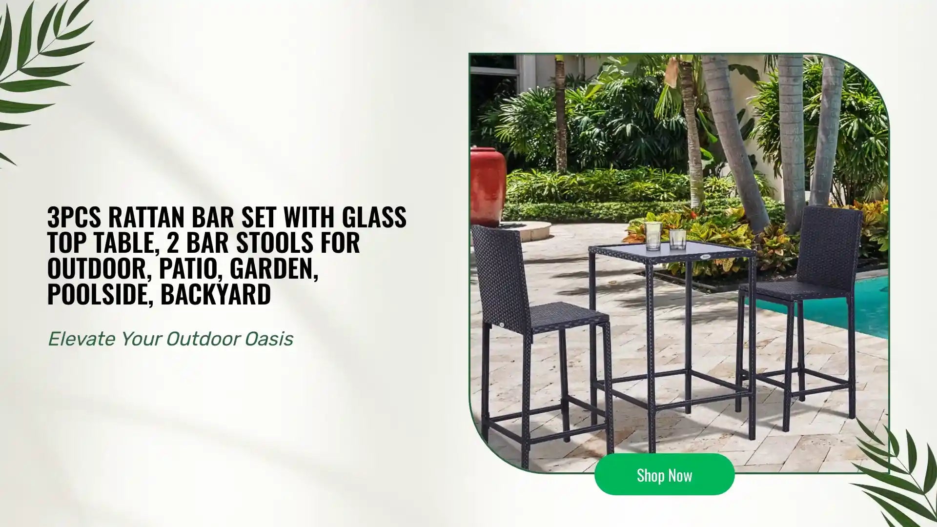 3pcs Rattan Bar Set with Glass Top Table, 2 Bar Stools for Outdoor, Patio, Garden, Poolside, Backyard by@Outfy