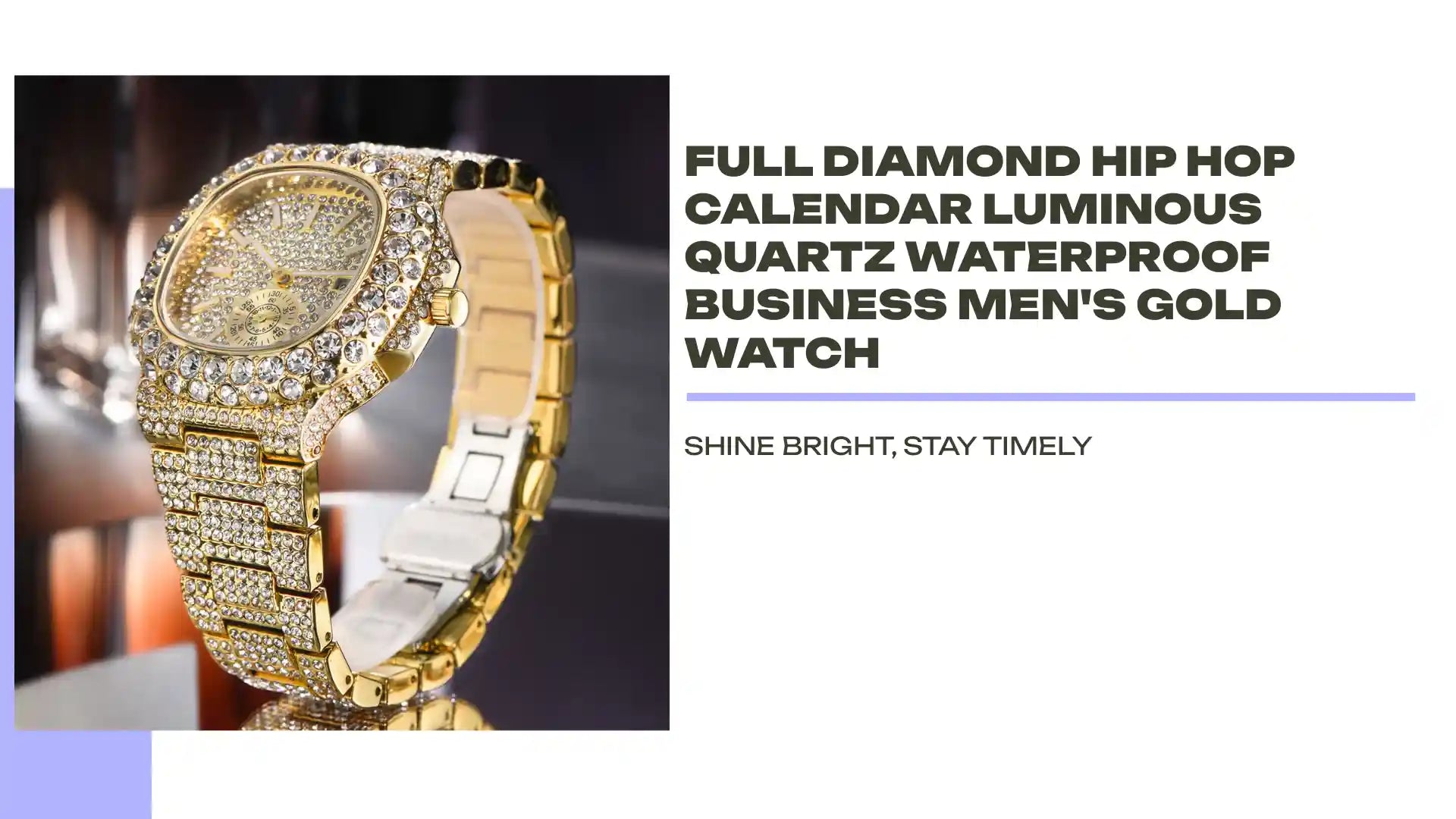 Full Diamond Hip Hop Calendar Luminous Quartz Waterproof Business Men's Gold Watch by@Outfy