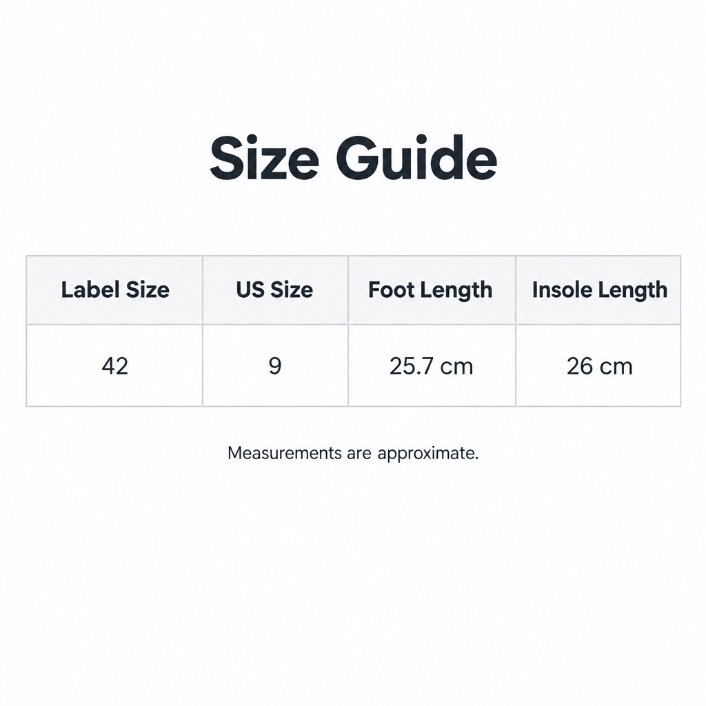 Women’s sneaker size guide: label size 42, US size 9, foot length 25.7 cm, insole length 26 cm